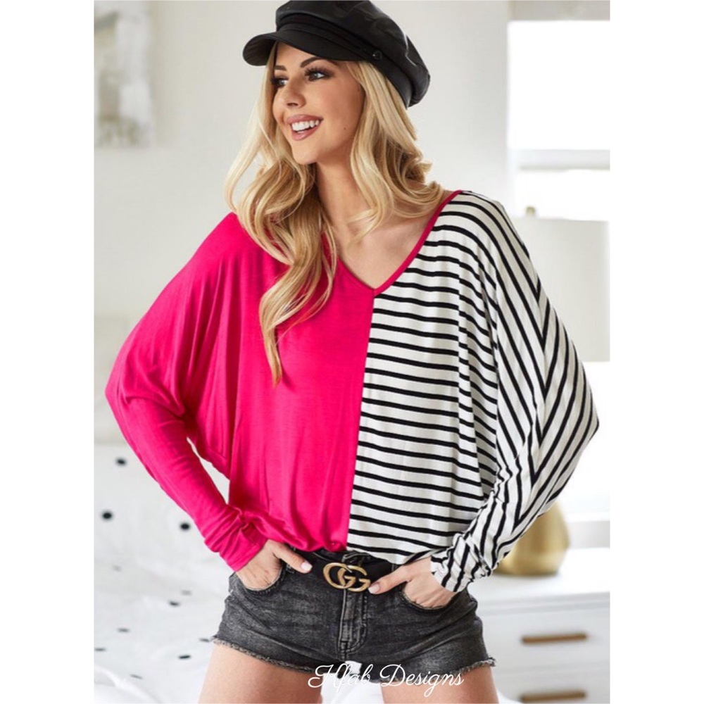 💖LAST 1! V Neck Fuchsia Color Block Stripe Top! - Picture 2 of 12